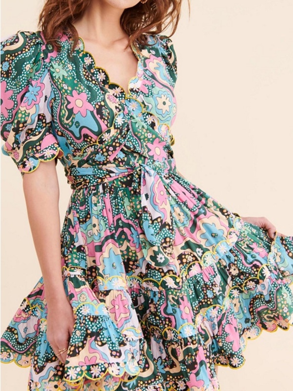 CeliaB Green Floral Scallop-Trim Puff Sleeve Wrap Dress with Pink & Blue Accents